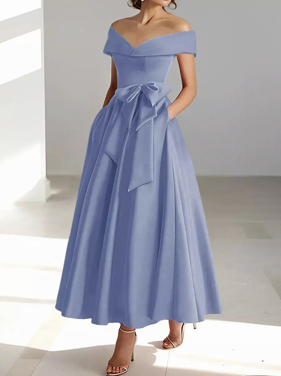 Satin Off Shoulder A-Line Midi Dress