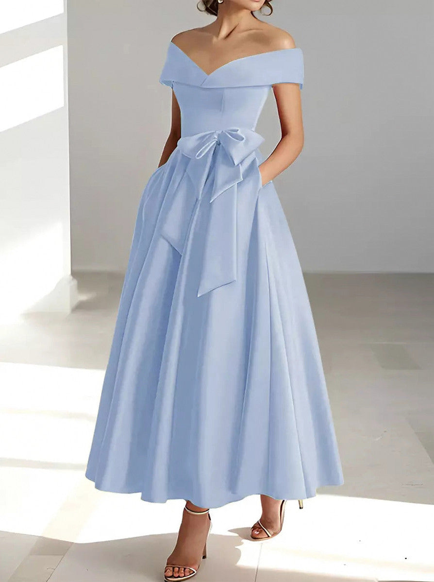Satin Off Shoulder A-Line Midi Dress