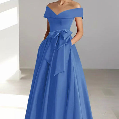 Satin Off Shoulder A-Line Midi Dress