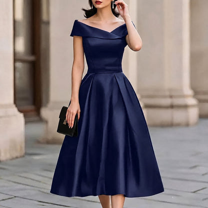 Satin Off Shoulder Pleated Midi Dress