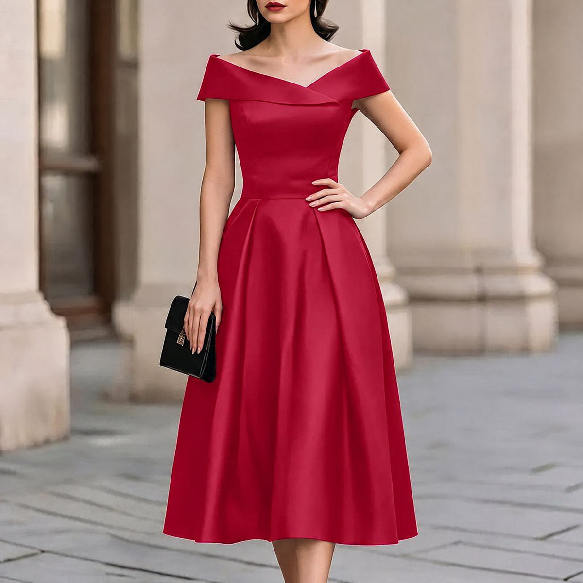 Satin Off Shoulder Pleated Midi Dress