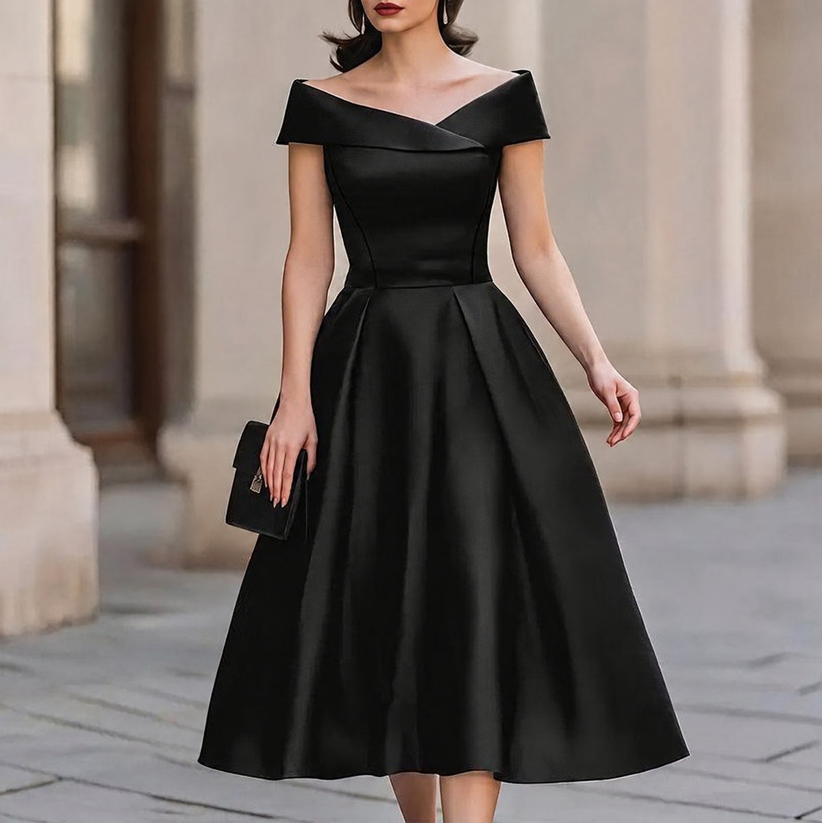 Satin Off Shoulder Pleated Midi Dress