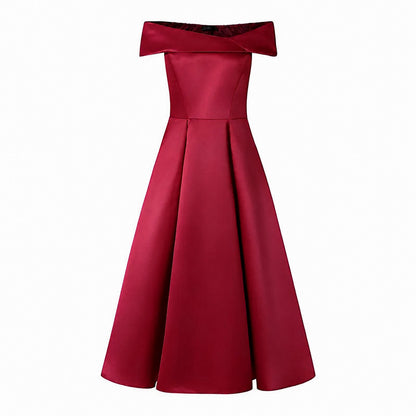Satin Off Shoulder Pleated Midi Dress