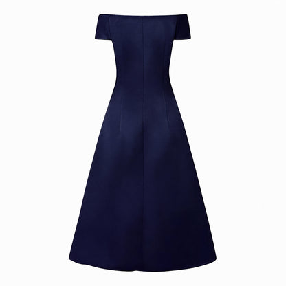 Satin Off Shoulder Pleated Midi Dress