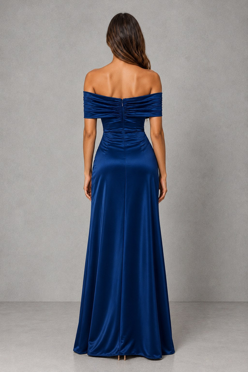 Satin Off Shoulder Ruched Maxi Dress