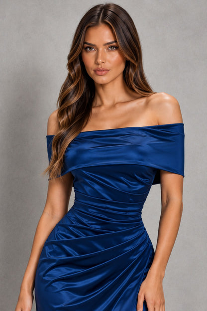 Satin Off Shoulder Ruched Maxi Dress