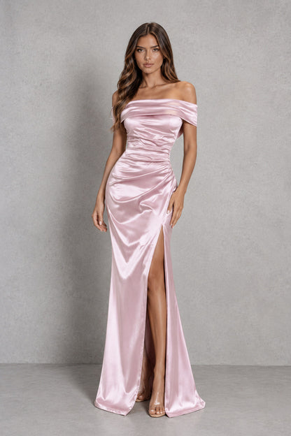 Satin Off Shoulder Ruched Maxi Dress