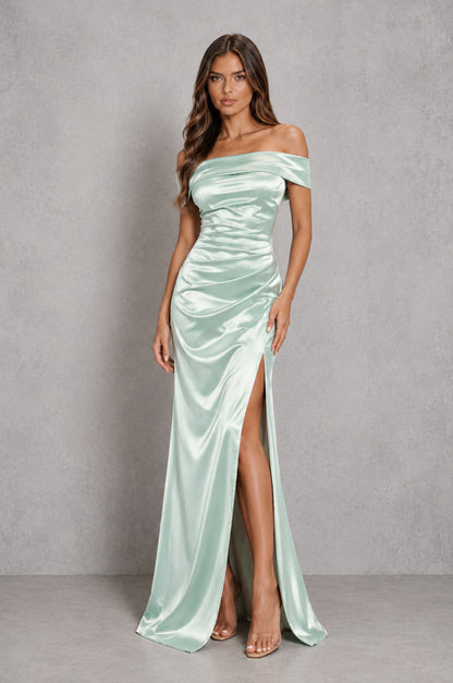 Satin Off Shoulder Ruched Maxi Dress