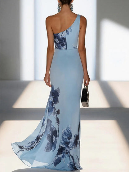 Satin One Shoulder Floral Maxi Dress