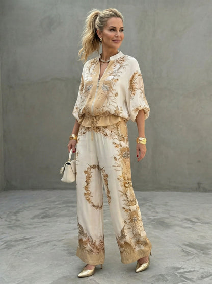 Satin Puff Sleeve Two Piece Set