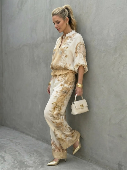 Satin Puff Sleeve Two Piece Set