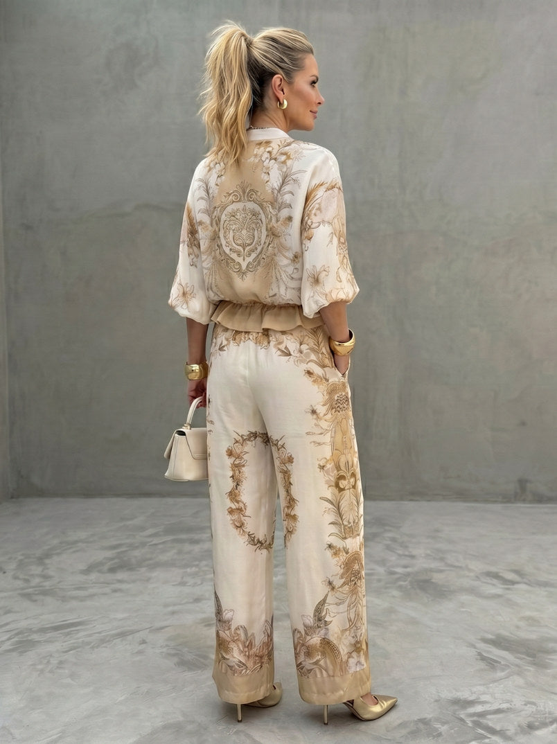 Satin Puff Sleeve Two Piece Set
