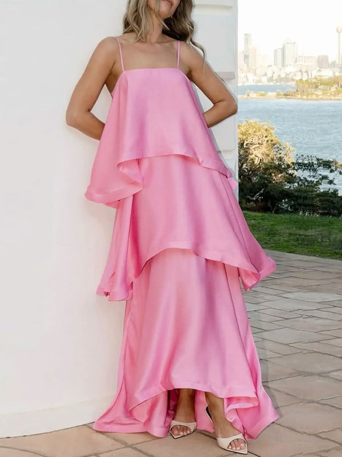 Satin Tiered Ruffle Maxi Dress
