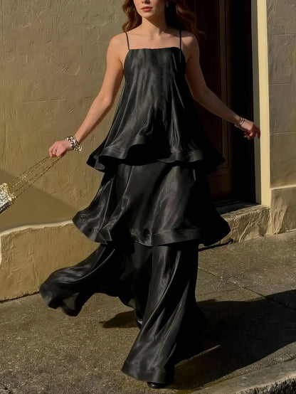 Satin Tiered Ruffle Maxi Dress