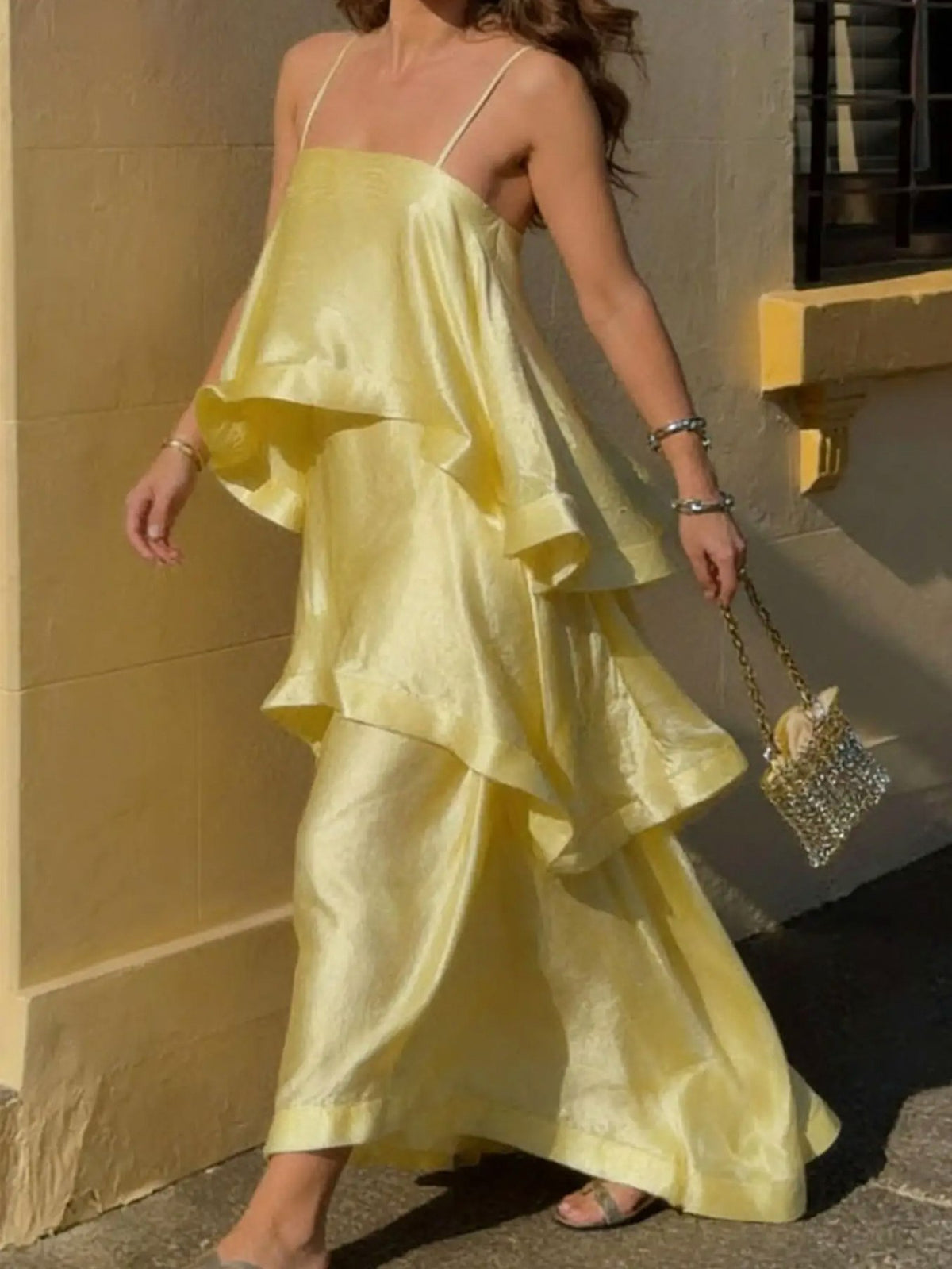 Satin Tiered Ruffle Maxi Dress