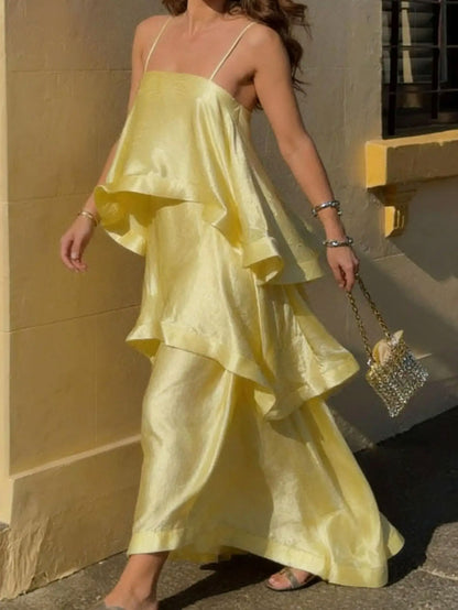Satin Tiered Ruffle Maxi Dress