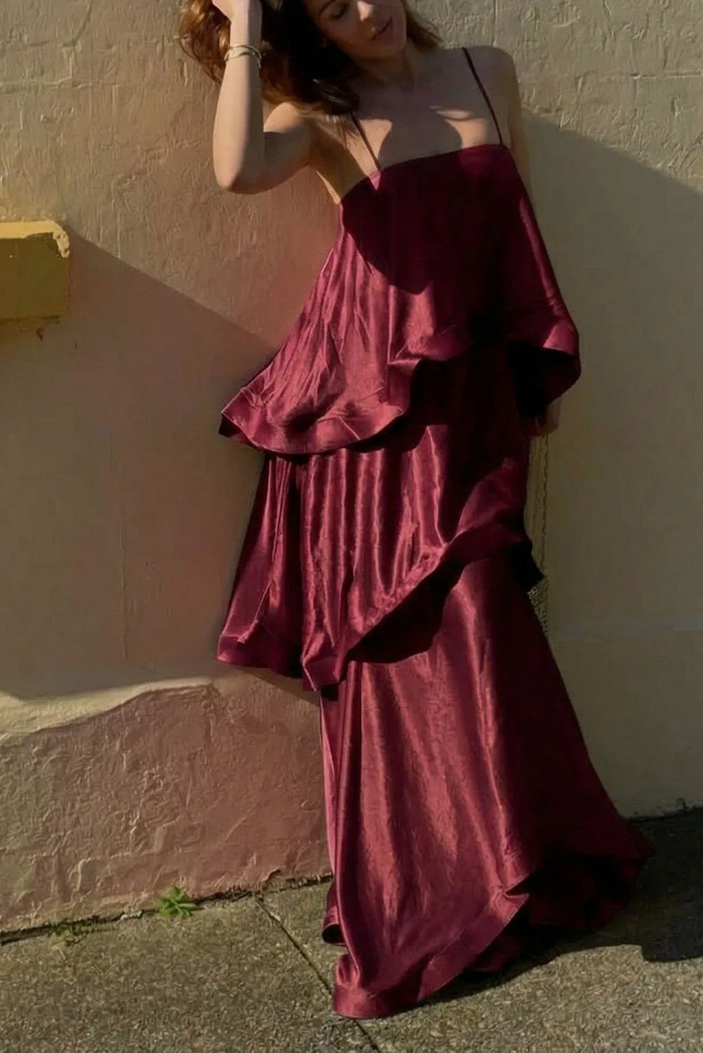 Satin Tiered Ruffle Maxi Dress