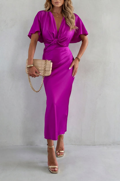 Satin Twist Front Midi Dress