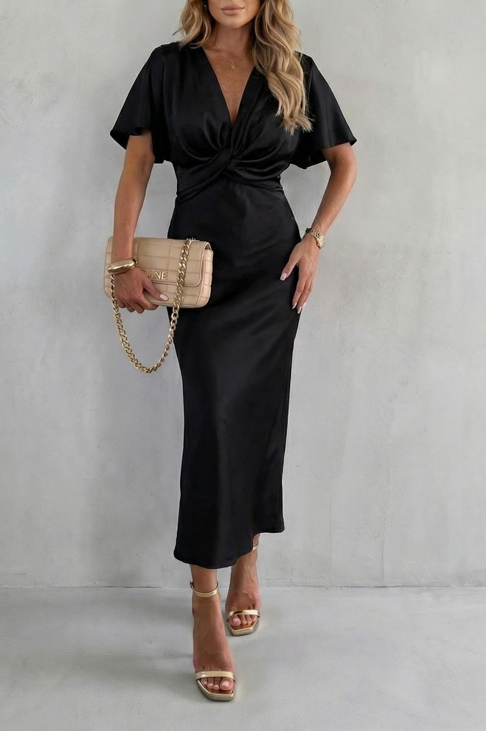 Satin Twist Front Midi Dress