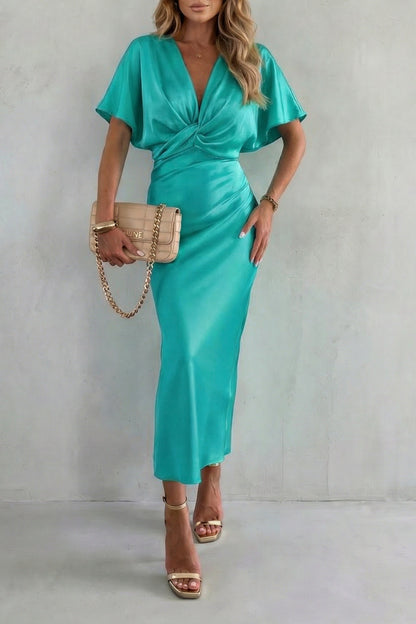 Satin Twist Front Midi Dress