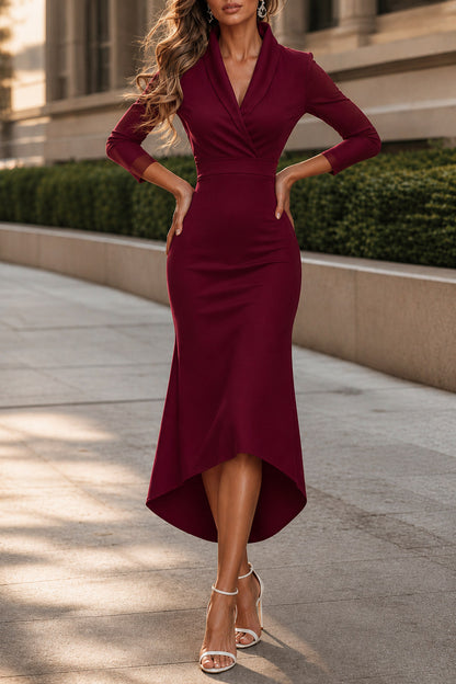 Satin Wrap 3/4 Sleeve Midi Dress