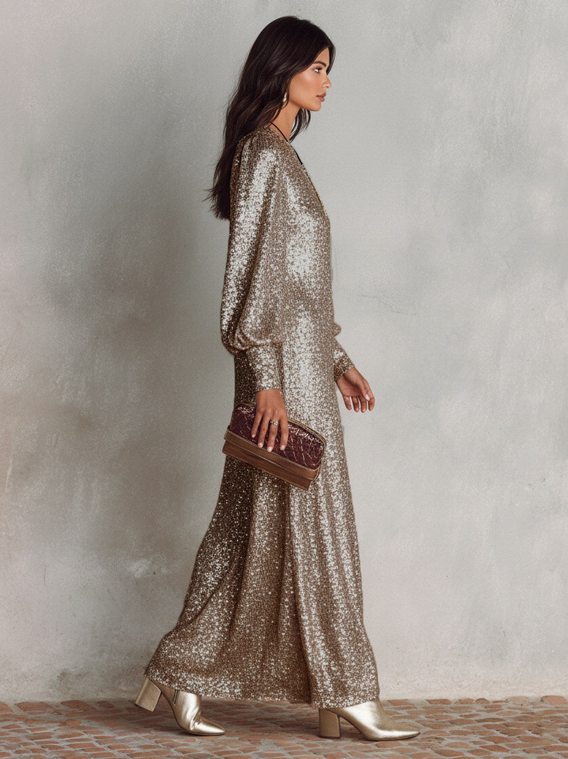 Sequin Long Balloon Sleeve Maxi Dress