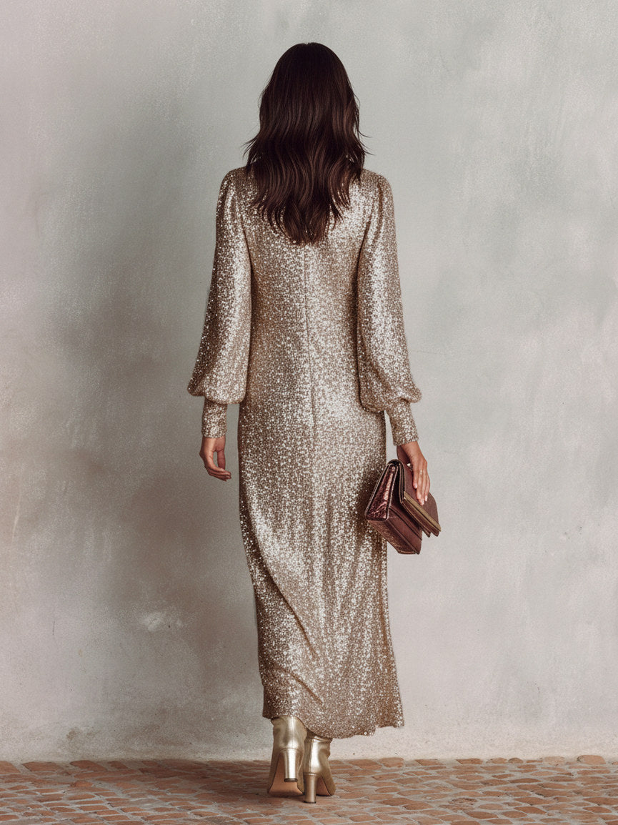 Sequin Long Balloon Sleeve Maxi Dress