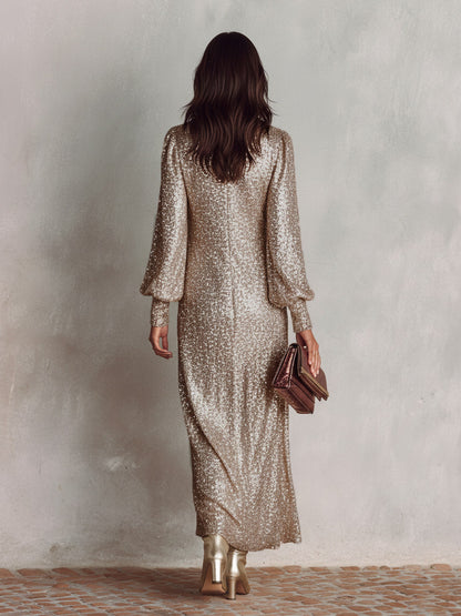 Sequin Long Balloon Sleeve Maxi Dress