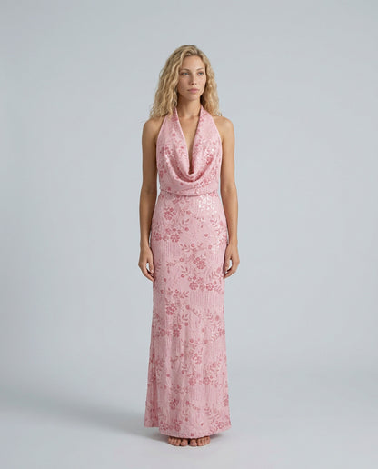 Sequin Halter Cowl Maxi Dress