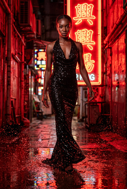 Sequin Halter Cowl Fitted Maxi Dress