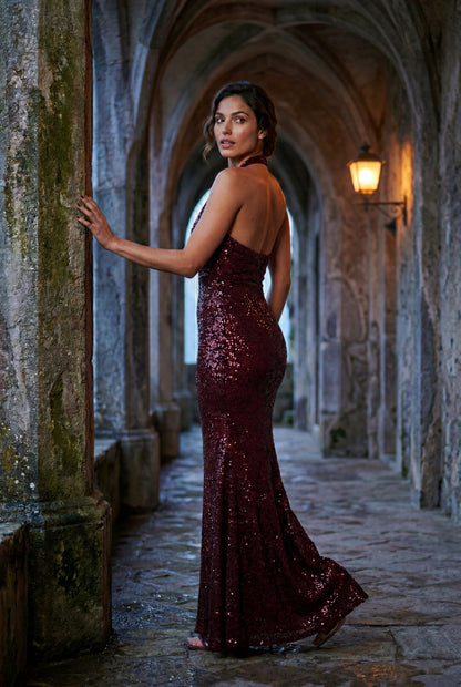 Sequin Halter Cowl Fitted Maxi Dress