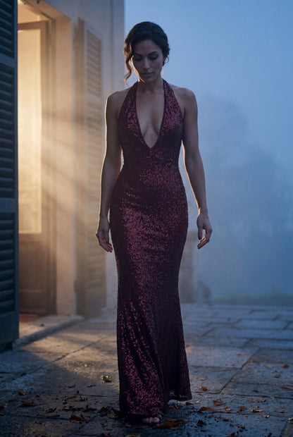 Sequin Halter Cowl Fitted Maxi Dress
