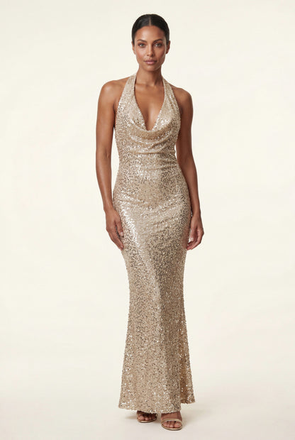 Sequin Halter Cowl Fitted Maxi Dress