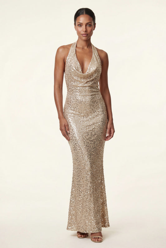 Sequin Halter Cowl Fitted Maxi Dress