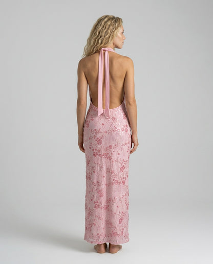 Sequin Halter Cowl Maxi Dress