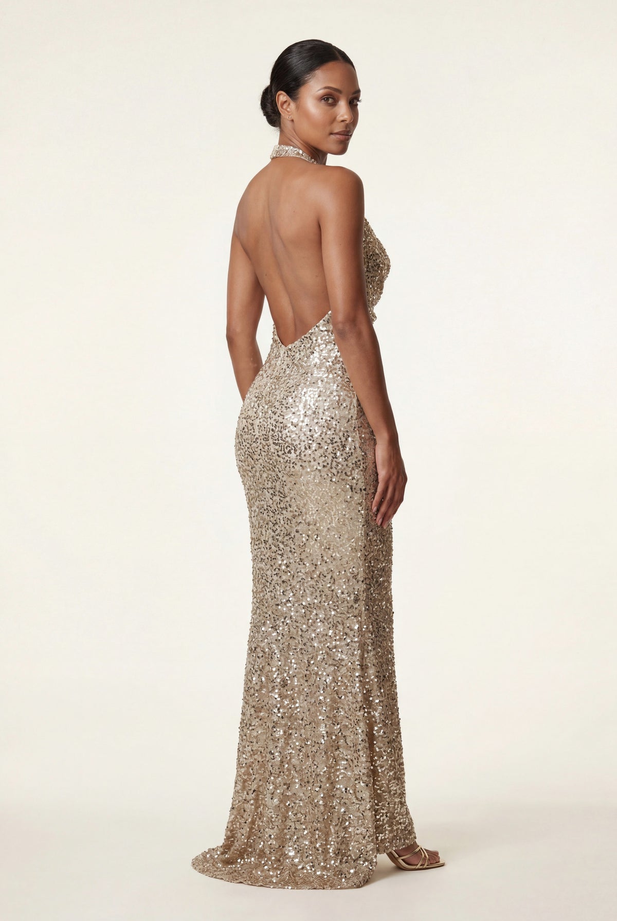 Sequin Halter Cowl Fitted Maxi Dress
