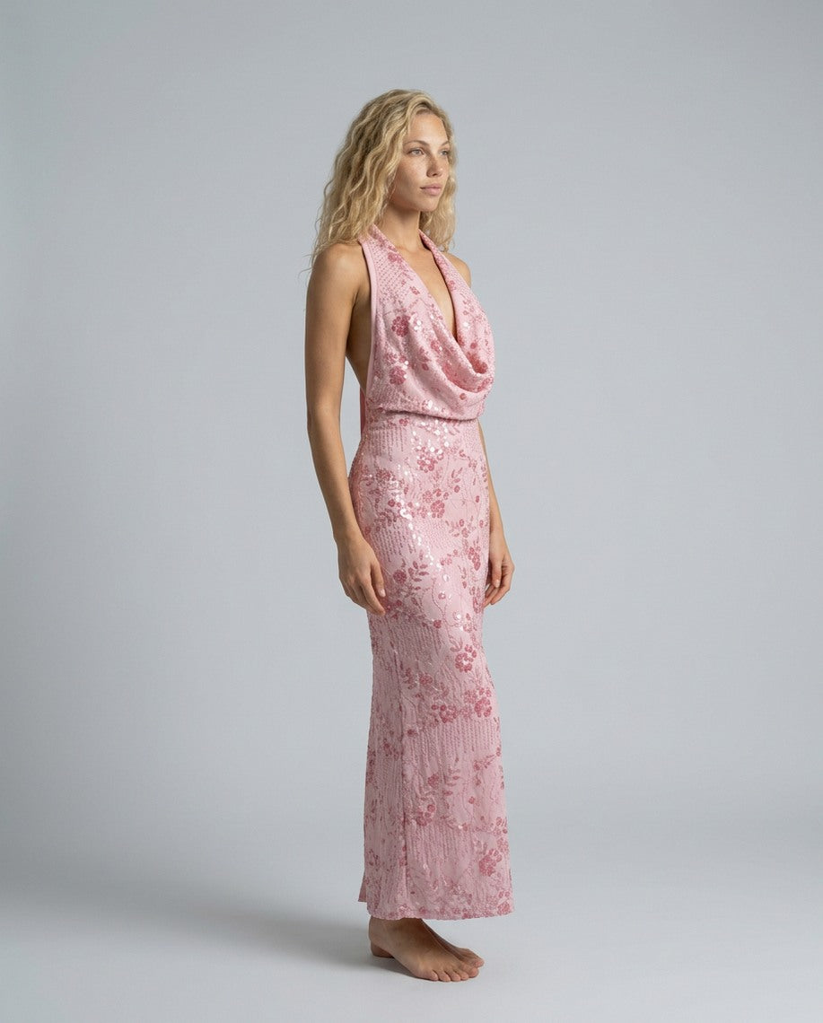 Sequin Halter Cowl Maxi Dress