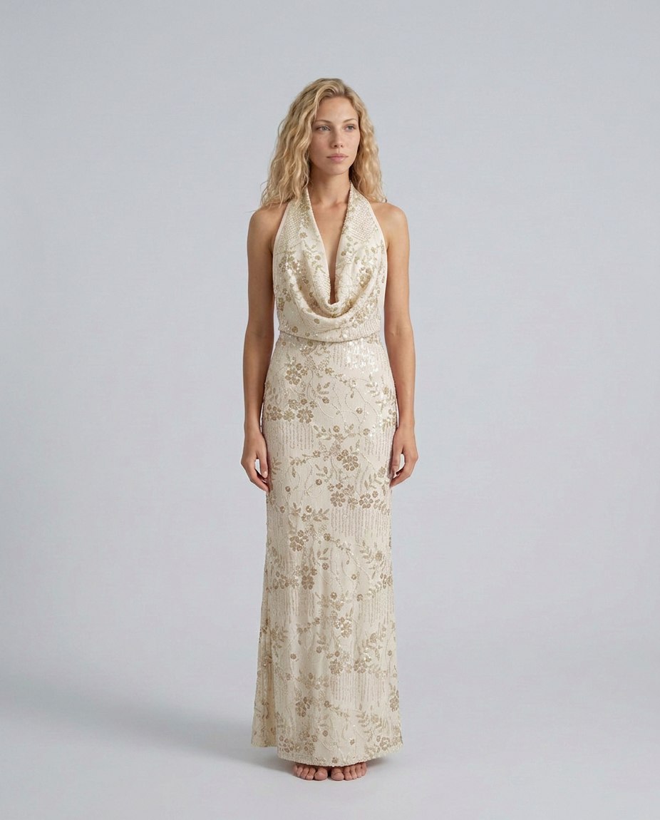 Sequin Halter Cowl Maxi Dress