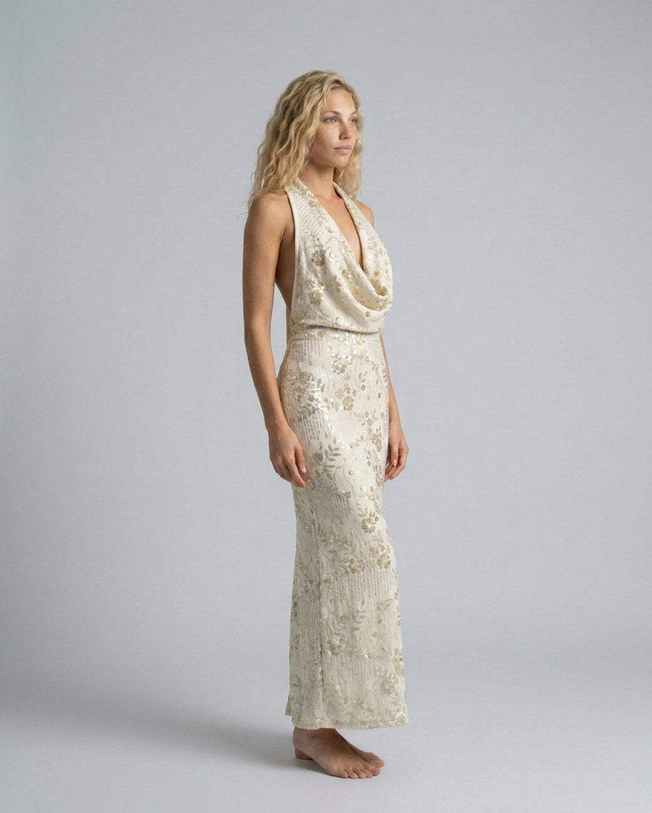 Sequin Halter Cowl Maxi Dress