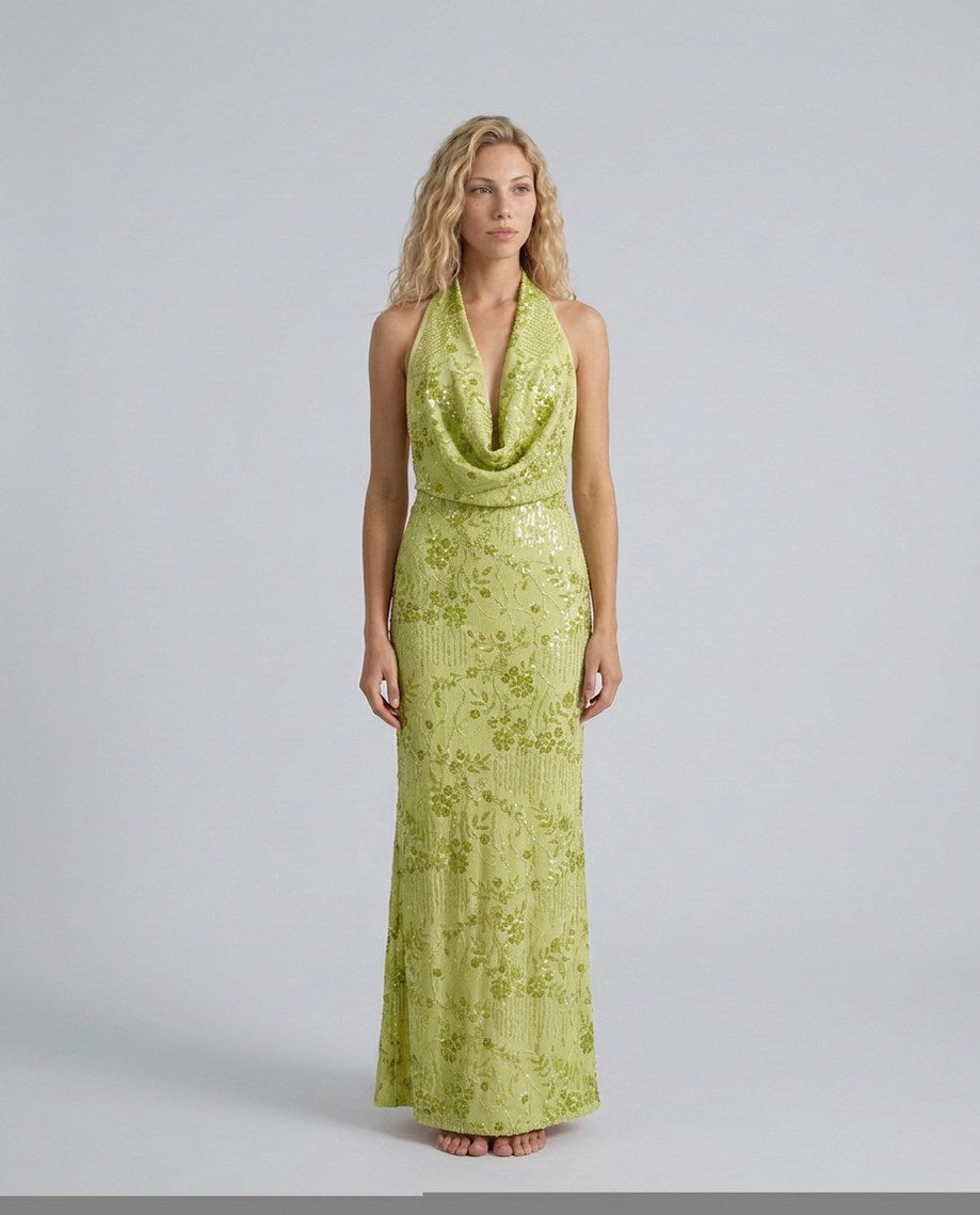 Sequin Halter Cowl Maxi Dress