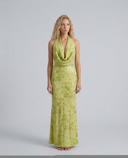 Sequin Halter Cowl Maxi Dress