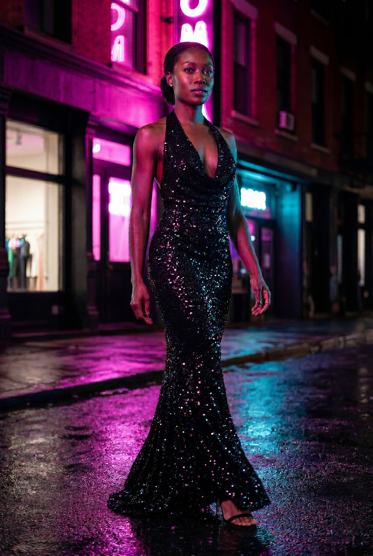 Sequin Halter Cowl Fitted Maxi Dress