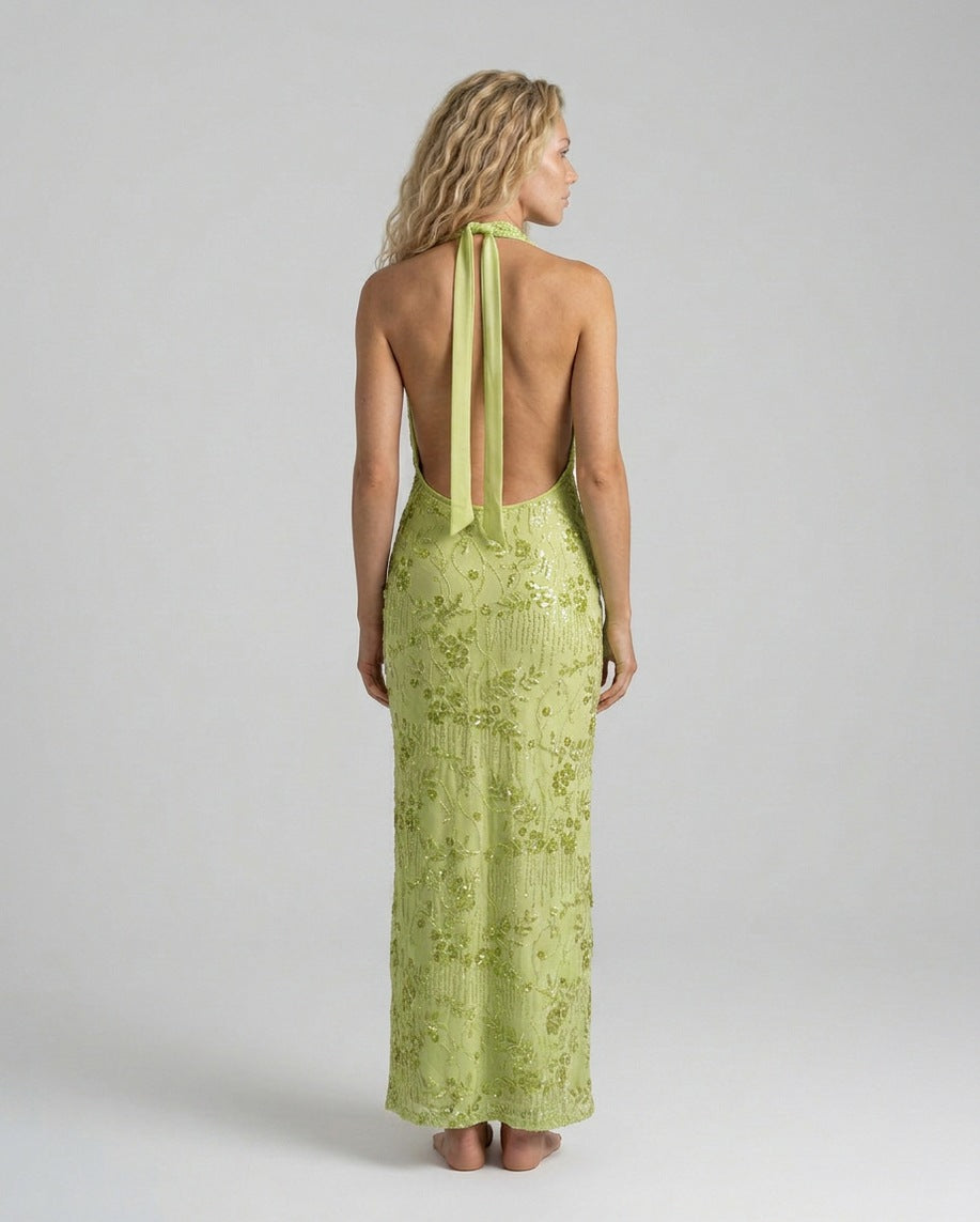 Sequin Halter Cowl Maxi Dress