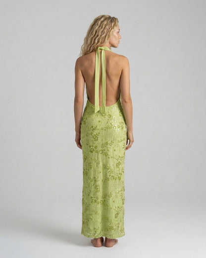 Sequin Halter Cowl Maxi Dress
