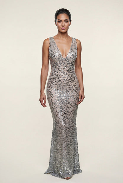 Sequin Halter Cowl Fitted Maxi Dress
