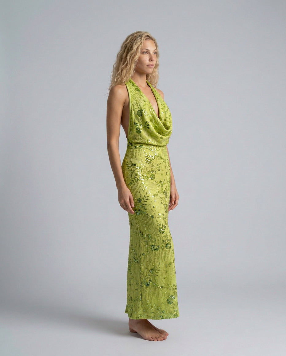Sequin Halter Cowl Maxi Dress