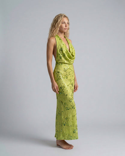 Sequin Halter Cowl Maxi Dress
