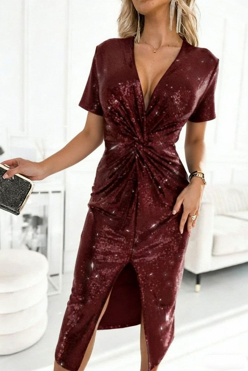Sequin Twist Long Sleeve Midi Dress