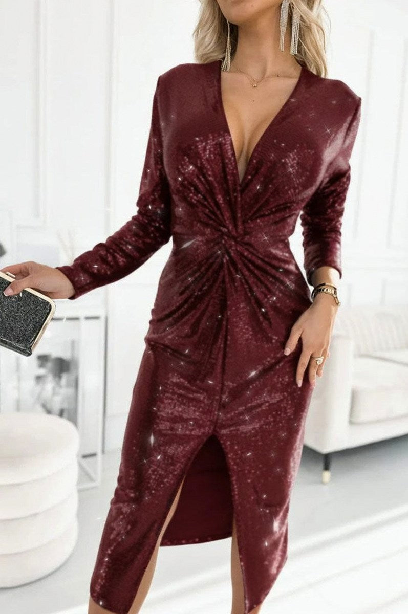 Sequin Twist Long Sleeve Midi Dress