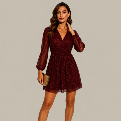 Sequin Wrap Bishop Sleeve Mini Dress
